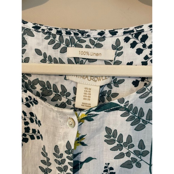 Cynthia Rowley 1X Linen Floral Button Roll Tab Tunic Top White Green Yellow - Picture 8 of 8